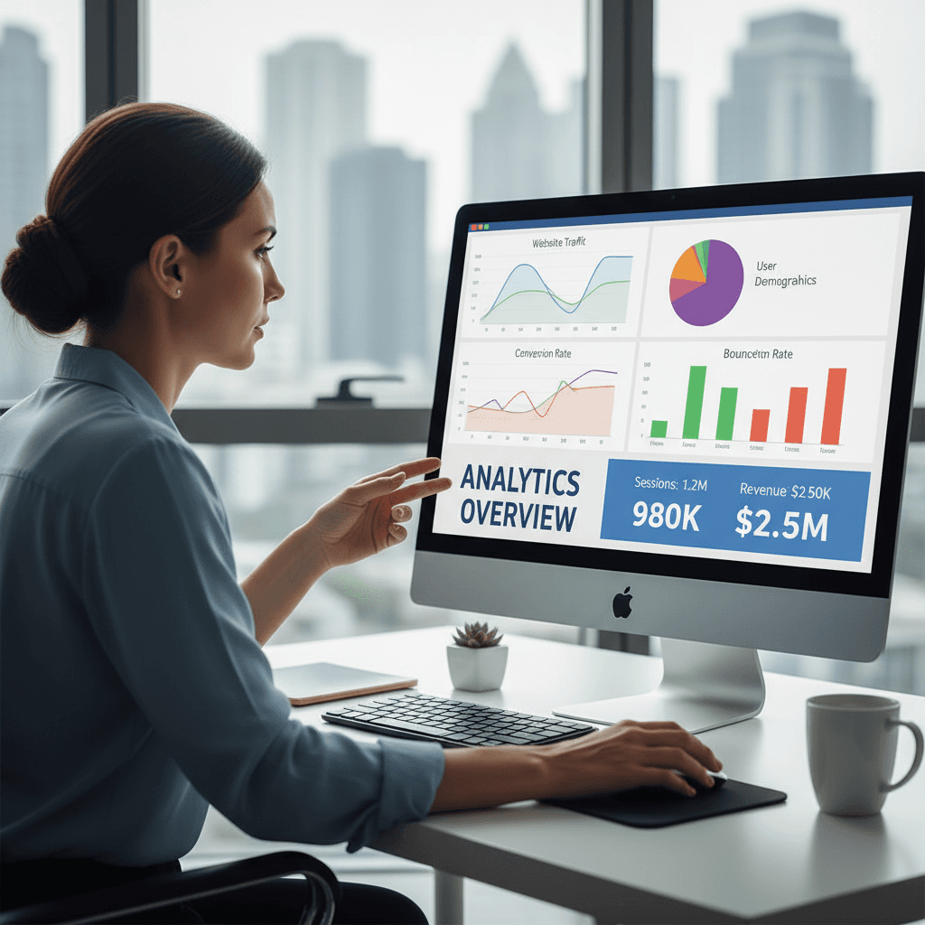 Website analytics dashboard showing traffic growth and lead metrics
