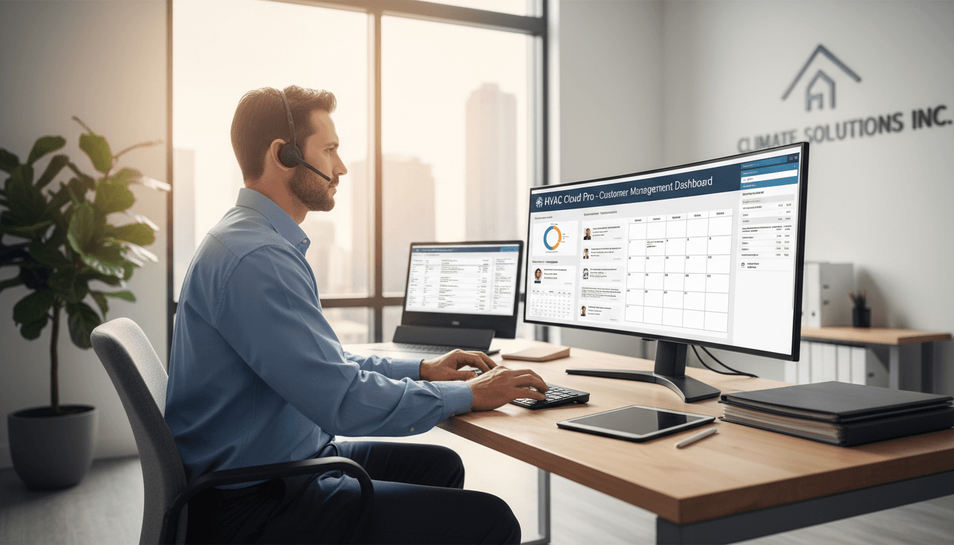 HVAC contractor managing calls and business operations in a modern office